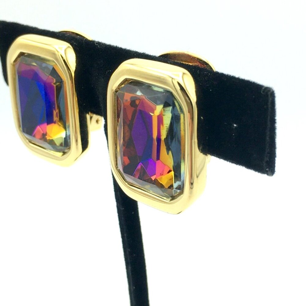 KENNETH JAY LANE multicolor rhinestone clip earrings - vtg gold-tone rectangular - Picture 3 of 9